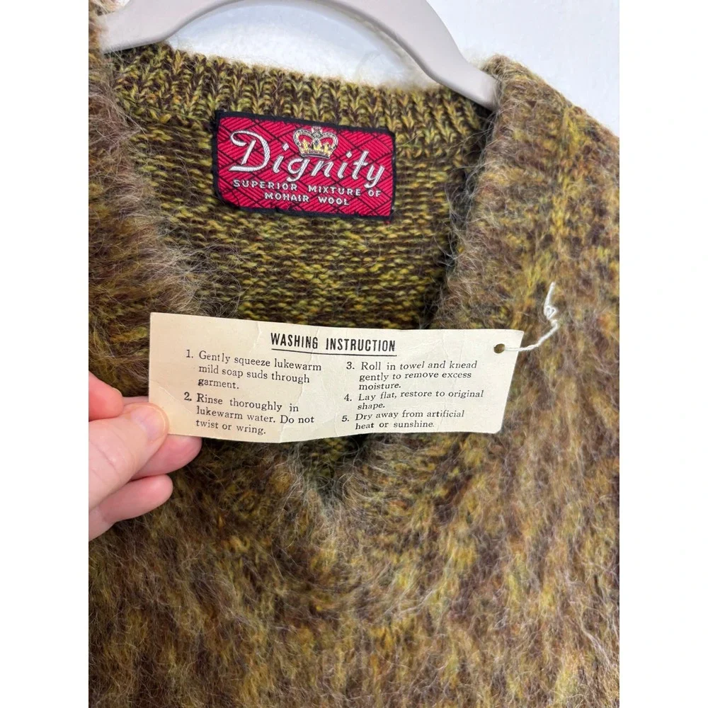 New With Tag Vintage Fuzzy Hairy Mohair V Neck Sweater  Olive Moss Mustard - Picture 9 of 9